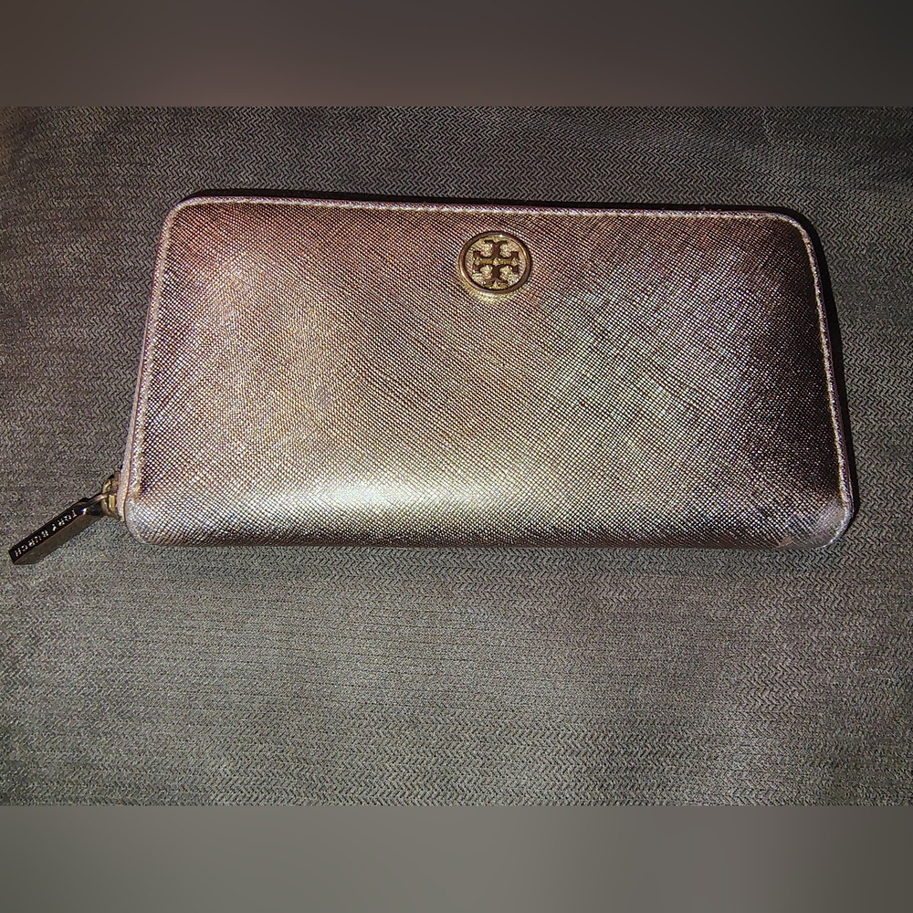 Tory Burch Robinson Continental Large Accordion Zip Wallet Rose Gold Pink Shiny